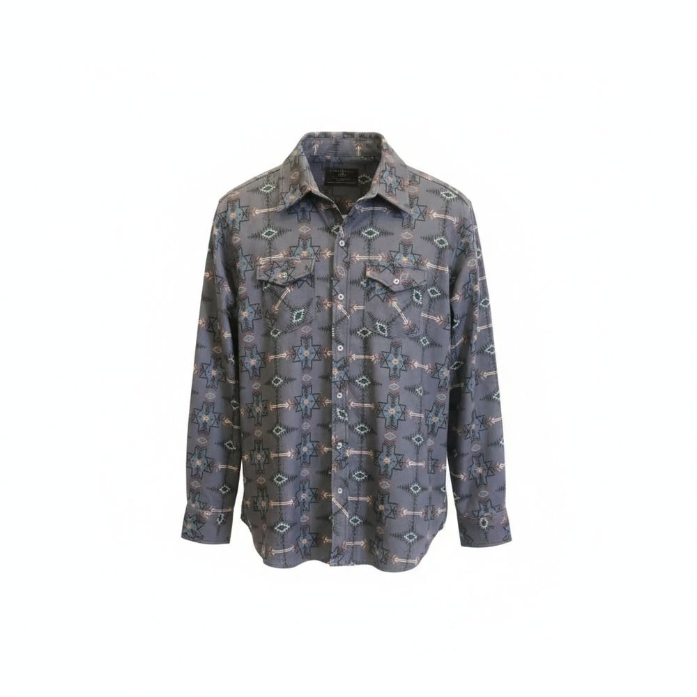 Rock & Roll Denim Men's XL Aztec Print Gray & Turquoise Western Shirt Modern Fit